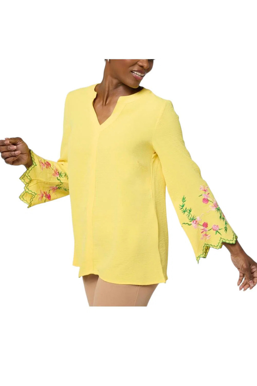 Nina Leonard Women's Textured Wave Knit Embroidered Bell-Slv Top Yllw - Regular